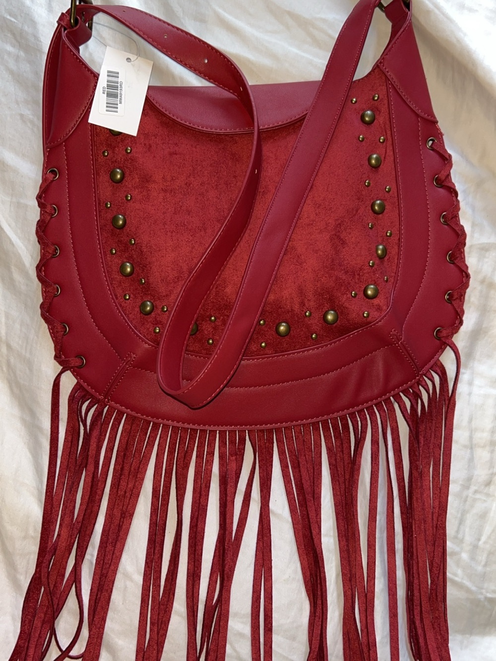 Three Bird Nest Red Fringe Crossbody Hobo Bag with Stud Accents